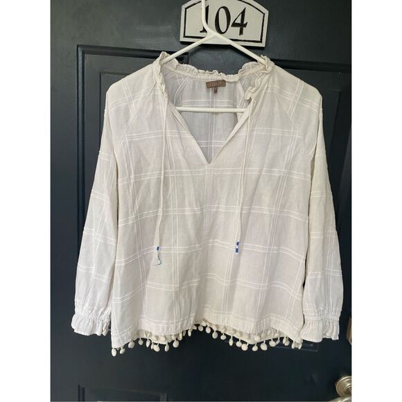 Lilla P White Windowpane Blouse, Cotton Shirt, Size Small, MSRP $168 - Picture 1 of 10